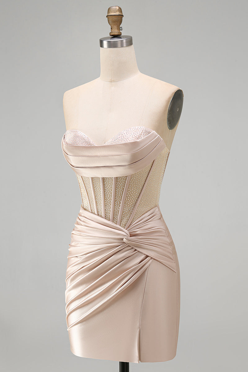 Load image into Gallery viewer, Champagne Corset Strapless Tight Short Ruched Prom Dress with Slit