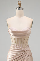 Load image into Gallery viewer, Champagne Corset Strapless Tight Short Ruched Prom Dress with Slit