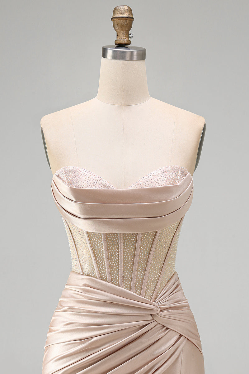 Load image into Gallery viewer, Champagne Corset Strapless Tight Short Ruched Prom Dress with Slit