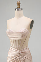 Load image into Gallery viewer, Champagne Corset Strapless Tight Short Ruched Prom Dress with Slit