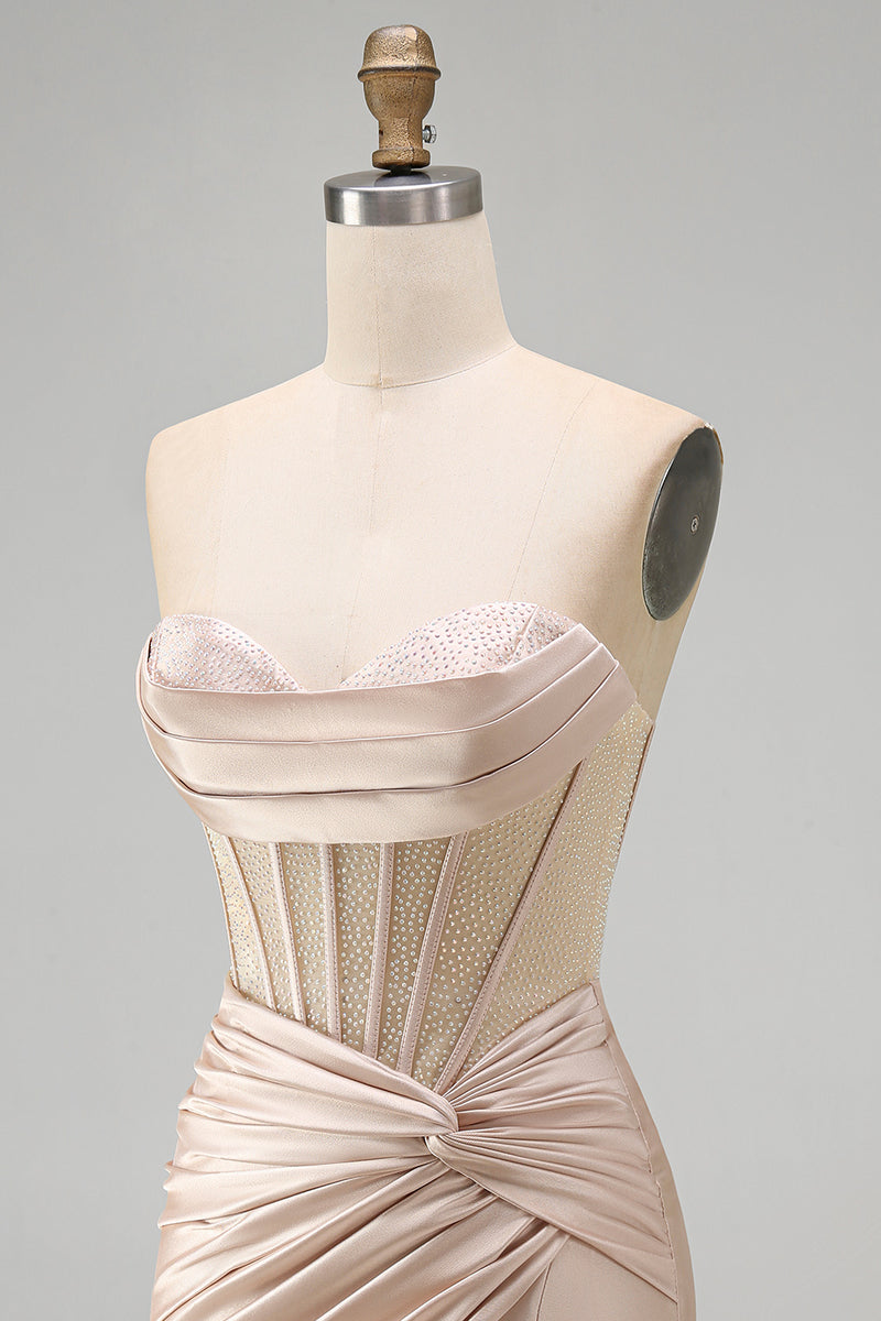 Load image into Gallery viewer, Champagne Corset Strapless Tight Short Ruched Prom Dress with Slit