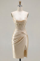 Load image into Gallery viewer, Champagne Corset Strapless Tight Short Ruched Prom Dress with Slit