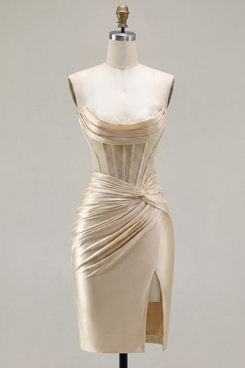Load image into Gallery viewer, Champagne Corset Strapless Tight Short Ruched Prom Dress with Slit