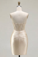 Load image into Gallery viewer, Champagne Corset Strapless Tight Short Ruched Prom Dress with Slit