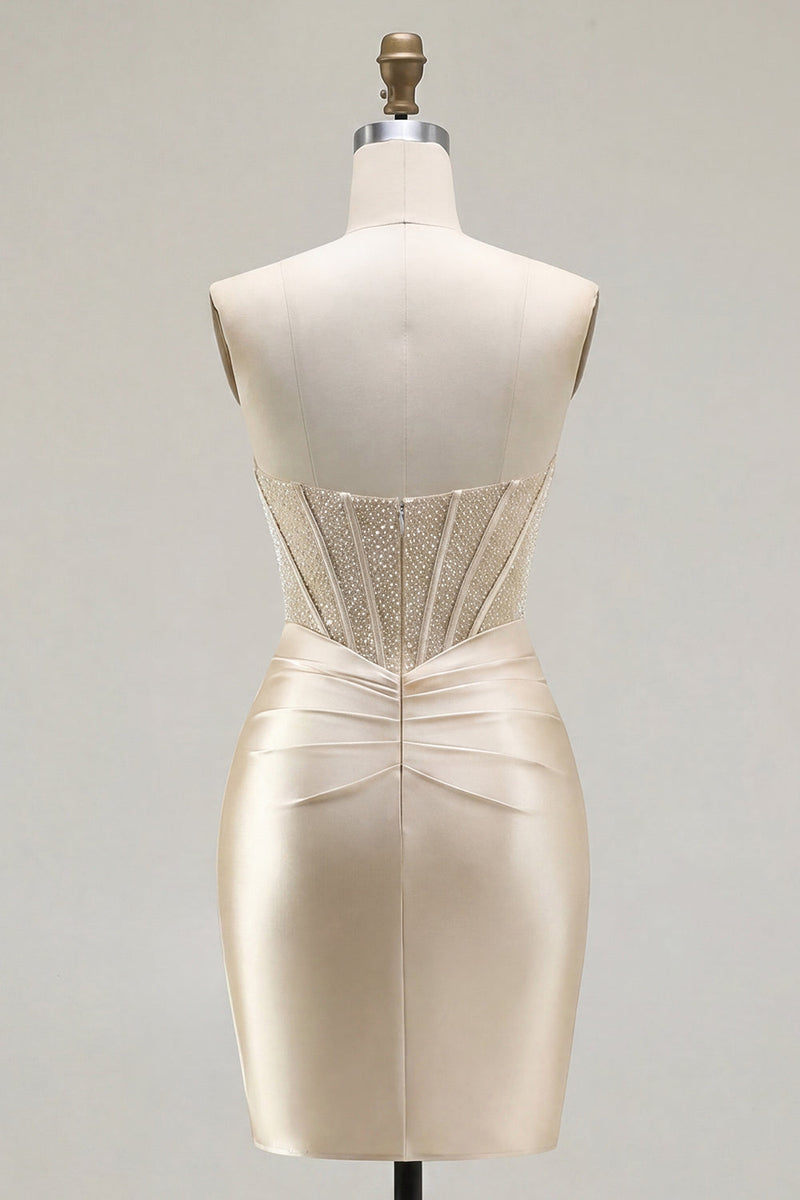 Load image into Gallery viewer, Champagne Corset Strapless Tight Short Ruched Prom Dress with Slit