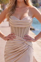 Load image into Gallery viewer, Champagne Corset Strapless Tight Short Ruched Prom Dress with Slit