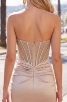 Load image into Gallery viewer, Champagne Corset Strapless Tight Short Ruched Prom Dress with Slit