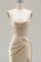 Load image into Gallery viewer, Champagne Corset Strapless Tight Short Ruched Prom Dress with Slit