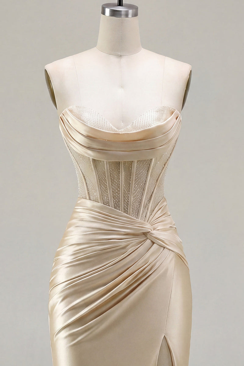 Load image into Gallery viewer, Champagne Corset Strapless Tight Short Ruched Prom Dress with Slit