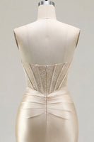 Load image into Gallery viewer, Champagne Corset Strapless Tight Short Ruched Prom Dress with Slit