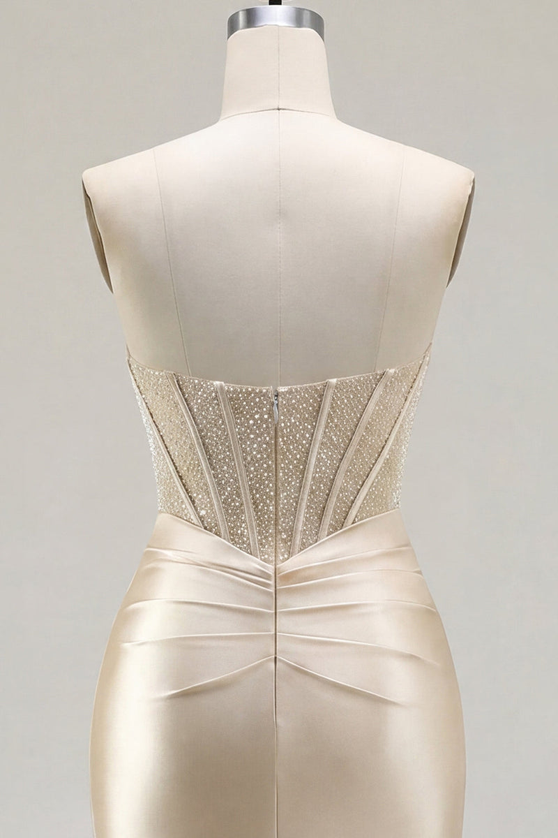 Load image into Gallery viewer, Champagne Corset Strapless Tight Short Ruched Prom Dress with Slit