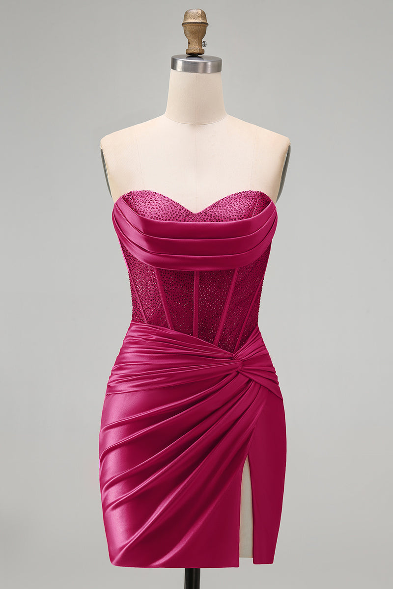 Load image into Gallery viewer, Burgundy Corset Tight Ruched Short Strapless Prom Dress with Beading