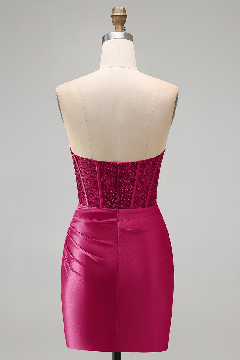 Load image into Gallery viewer, Burgundy Corset Tight Ruched Short Strapless Prom Dress with Beading
