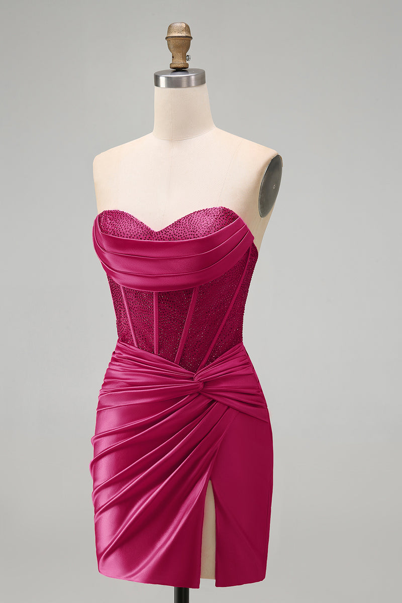 Load image into Gallery viewer, Burgundy Corset Tight Ruched Short Strapless Prom Dress with Beading