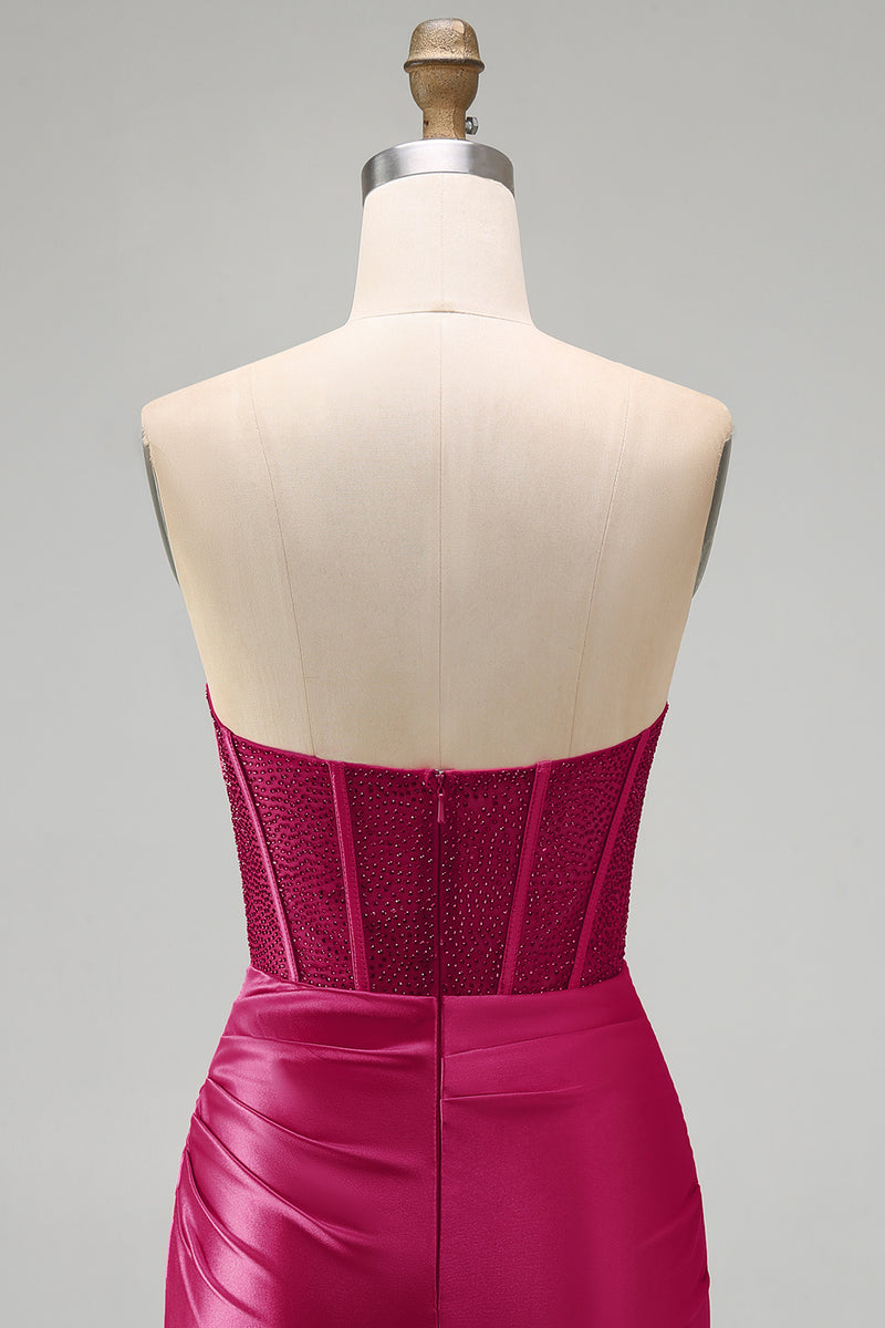 Load image into Gallery viewer, Burgundy Corset Tight Ruched Short Strapless Prom Dress with Beading
