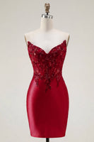 Load image into Gallery viewer, Red Corset Strapless Tight Short Prom Dress with Lace