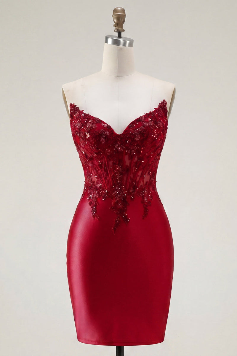 Load image into Gallery viewer, Red Corset Strapless Tight Short Prom Dress with Lace