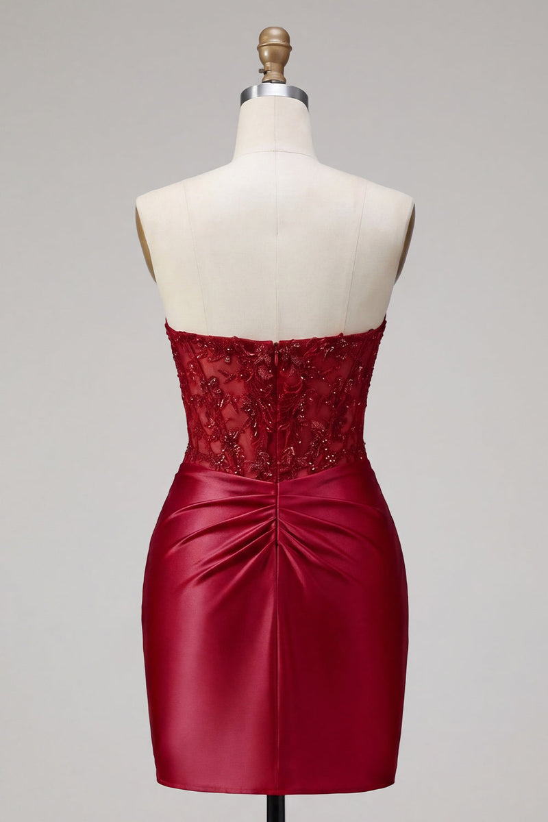 Load image into Gallery viewer, Red Corset Strapless Tight Short Prom Dress with Lace