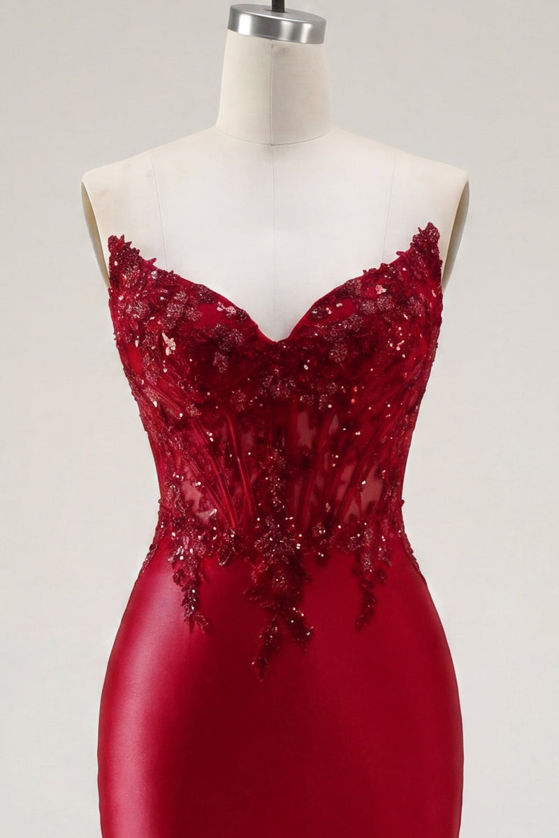 Load image into Gallery viewer, Red Corset Strapless Tight Short Prom Dress with Lace