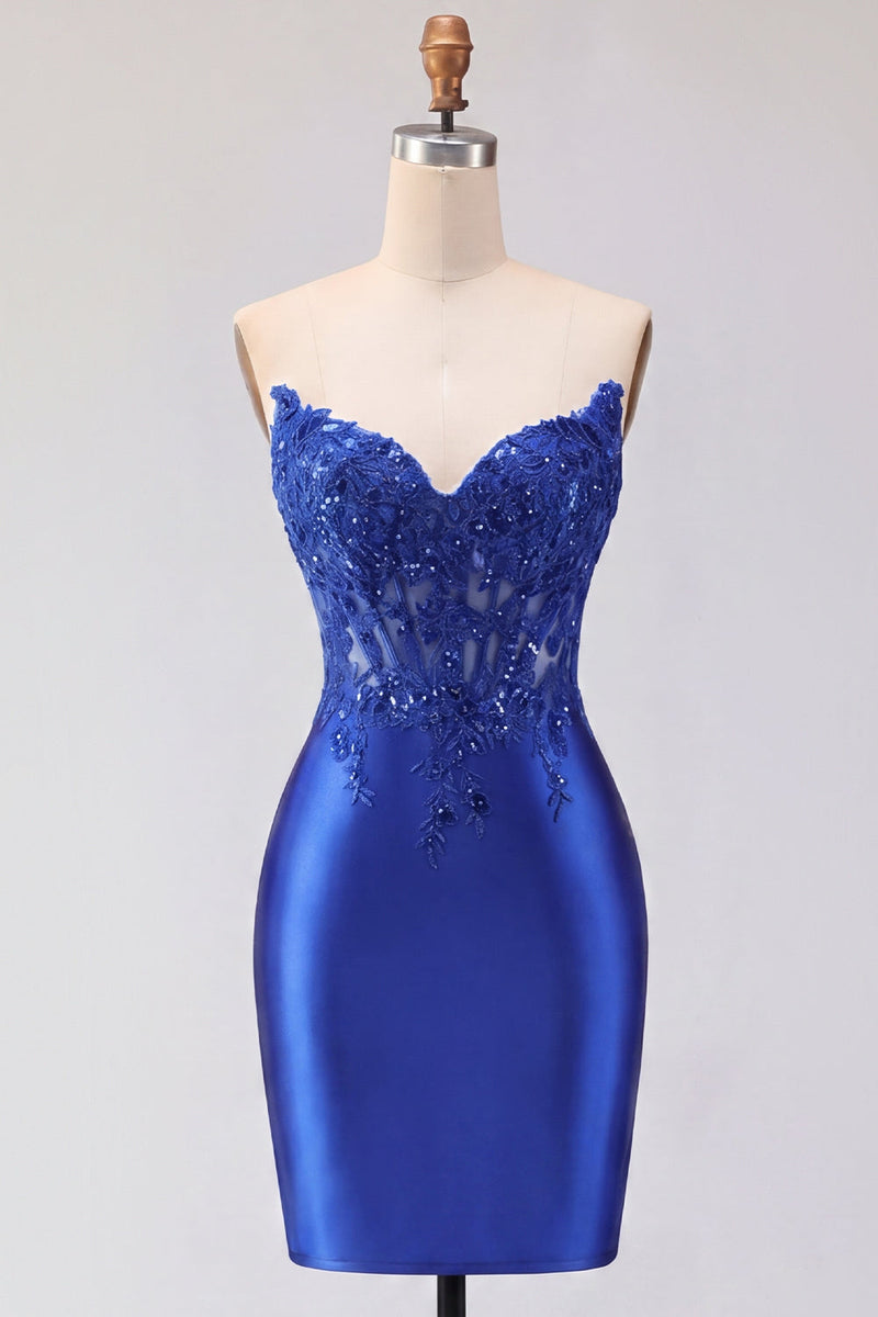 Load image into Gallery viewer, Red Corset Strapless Tight Short Prom Dress with Lace