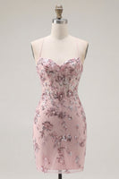 Load image into Gallery viewer, Sparkly Floral Halter Corset Tight Short Blush Beaded Prom Dress