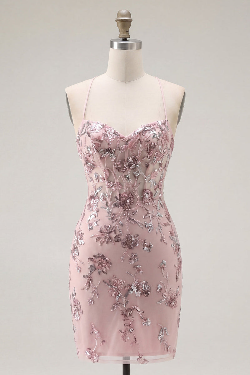 Load image into Gallery viewer, Sparkly Floral Halter Corset Tight Short Blush Beaded Prom Dress