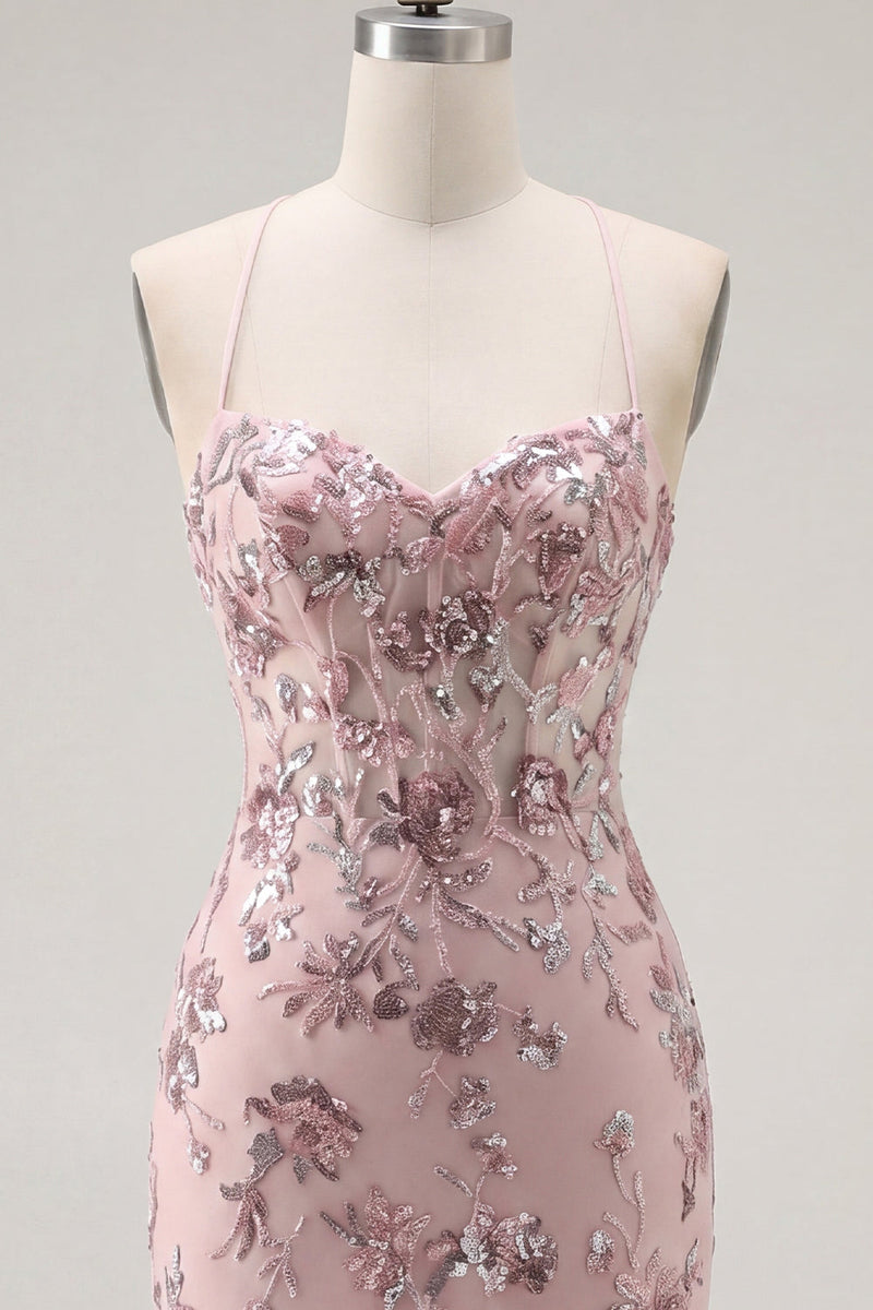Load image into Gallery viewer, Sparkly Floral Halter Corset Tight Short Blush Beaded Prom Dress