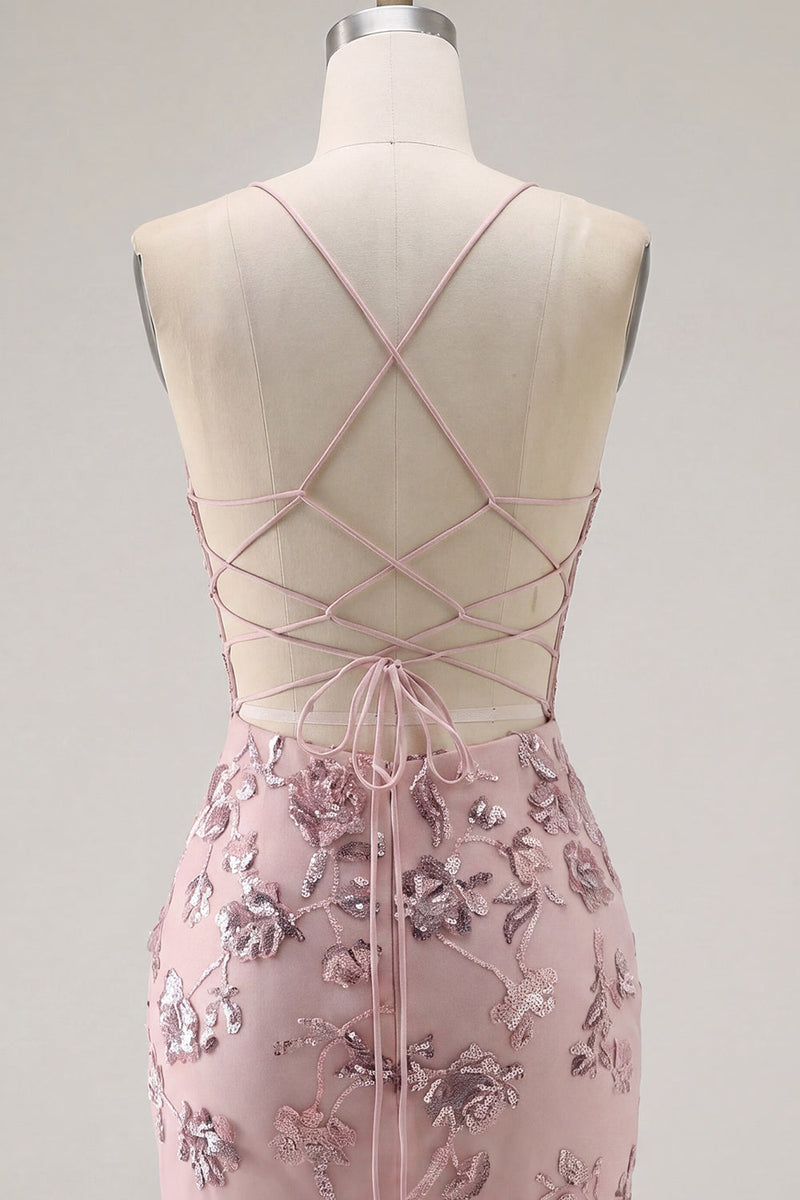 Load image into Gallery viewer, Sparkly Floral Halter Corset Tight Short Blush Beaded Prom Dress