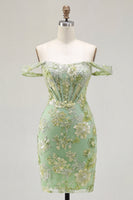 Load image into Gallery viewer, Green Off the Shoulder Tight Floral Short Corset Prom Dress