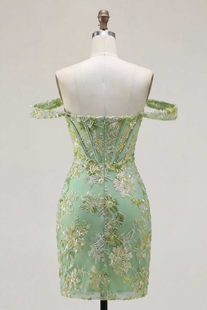 Load image into Gallery viewer, Green Off the Shoulder Tight Floral Short Corset Prom Dress