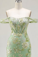 Load image into Gallery viewer, Green Off the Shoulder Tight Floral Short Corset Prom Dress