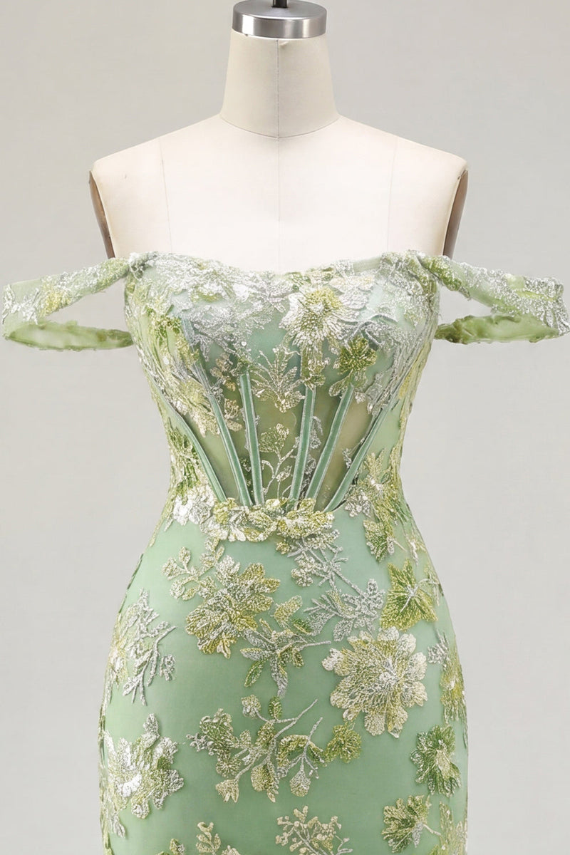 Load image into Gallery viewer, Green Off the Shoulder Tight Floral Short Corset Prom Dress