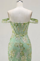 Load image into Gallery viewer, Green Off the Shoulder Tight Floral Short Corset Prom Dress