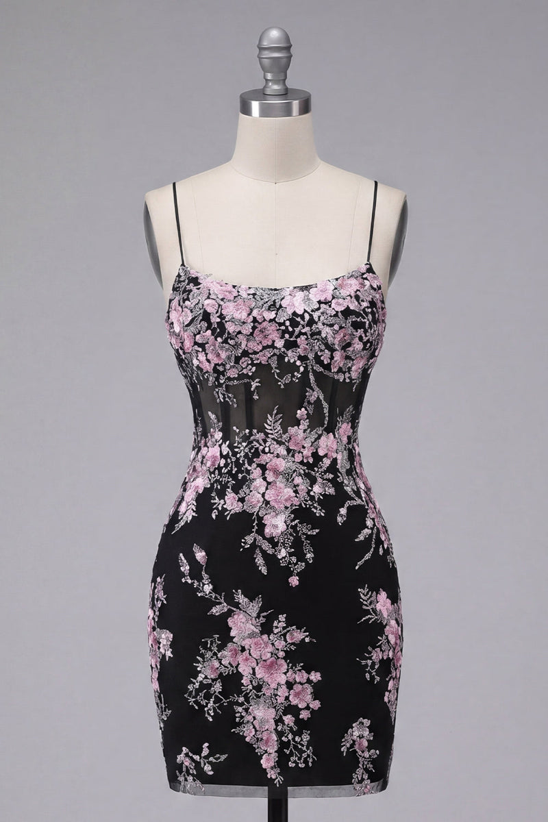 Load image into Gallery viewer, Black Pink Flower Tight Spaghetti Straps Short Corset Prom Dress
