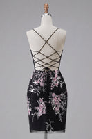Load image into Gallery viewer, Black Pink Flower Tight Spaghetti Straps Short Corset Prom Dress