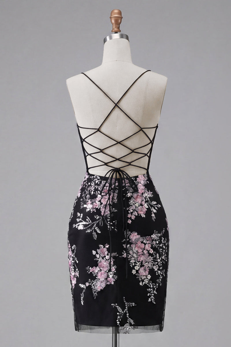 Load image into Gallery viewer, Black Pink Flower Tight Spaghetti Straps Short Corset Prom Dress