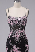 Load image into Gallery viewer, Black Pink Flower Tight Spaghetti Straps Short Corset Prom Dress