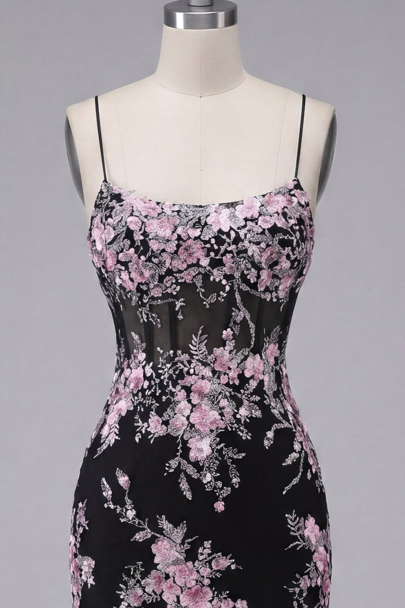 Load image into Gallery viewer, Black Pink Flower Tight Spaghetti Straps Short Corset Prom Dress