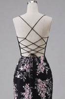 Load image into Gallery viewer, Black Pink Flower Tight Spaghetti Straps Short Corset Prom Dress