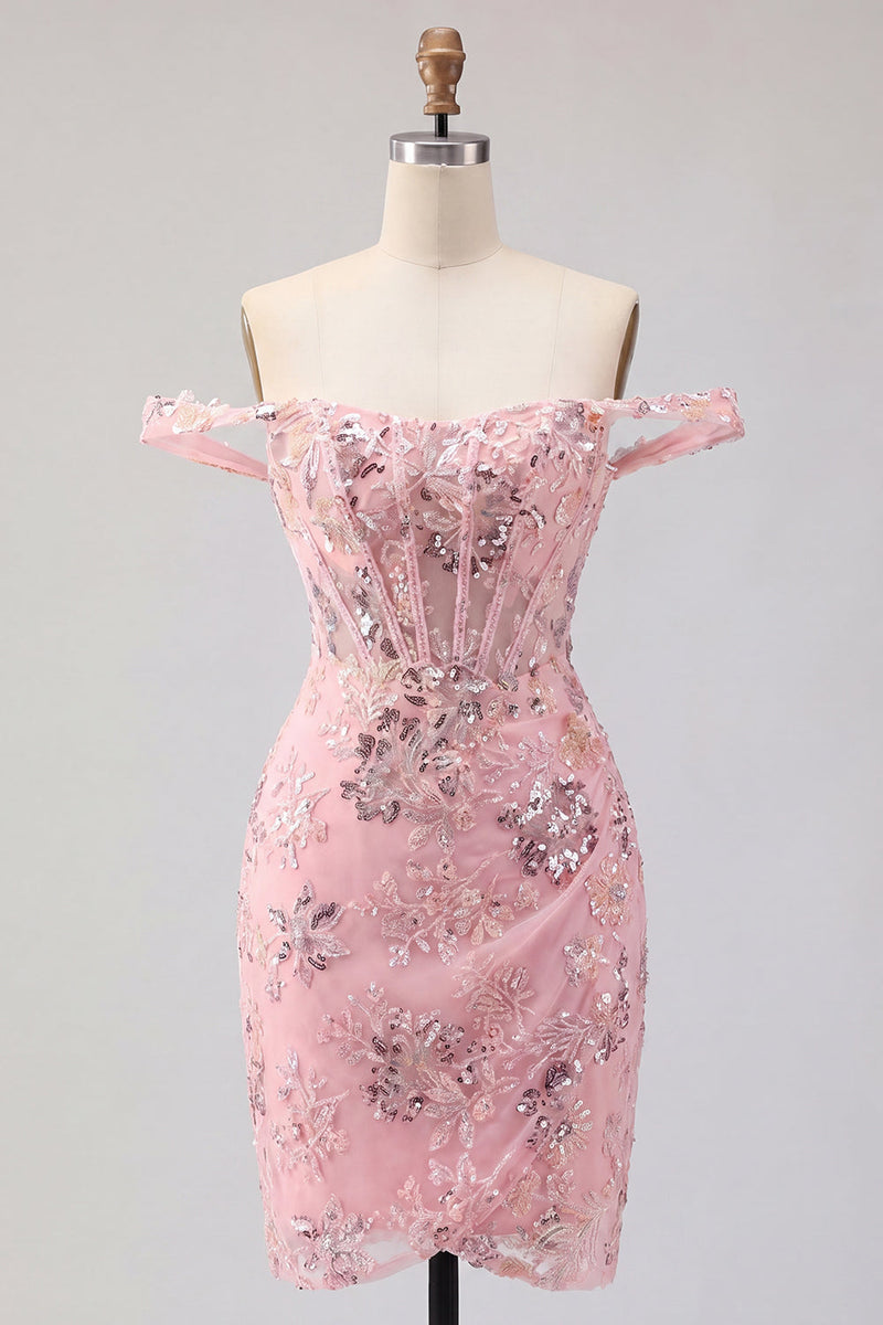 Load image into Gallery viewer, Sparkly Floral Corset Tight Short Blush Beaded Prom Dress