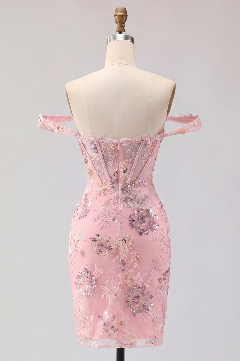 Load image into Gallery viewer, Sparkly Floral Corset Tight Short Blush Beaded Prom Dress