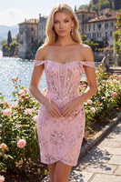 Load image into Gallery viewer, Sparkly Floral Corset Tight Short Blush Beaded Prom Dress