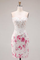 Load image into Gallery viewer, White Fuchsia Flower Tight Sweetheart Short Corset Prom Dress with Lace