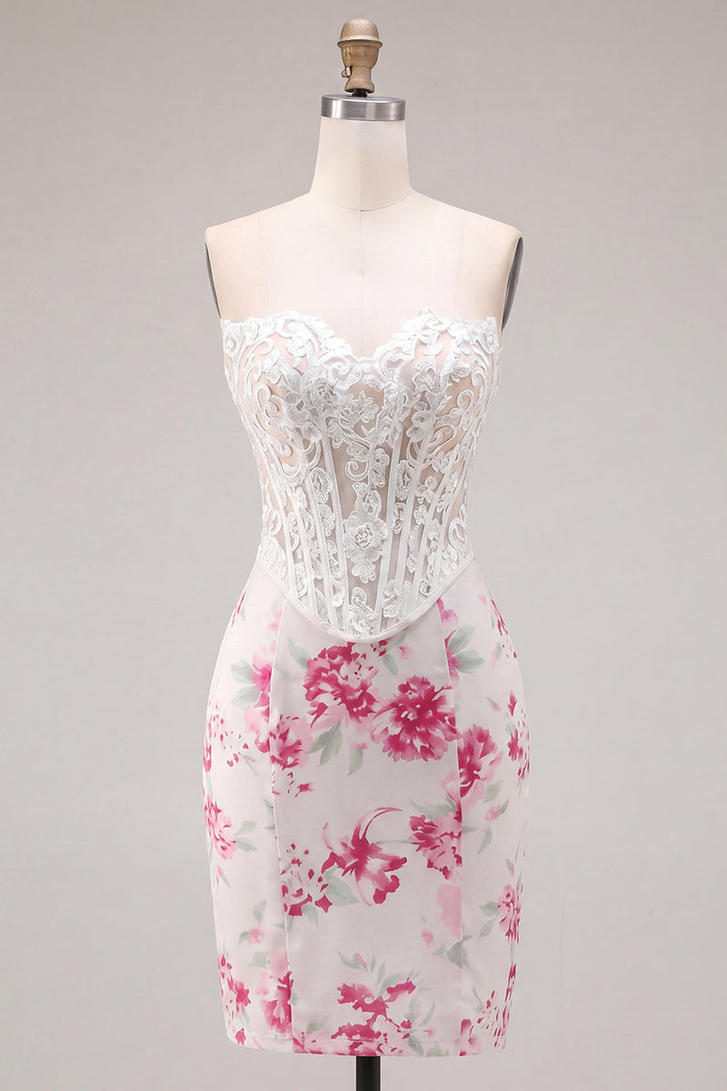 Load image into Gallery viewer, White Fuchsia Flower Tight Sweetheart Short Corset Prom Dress with Lace