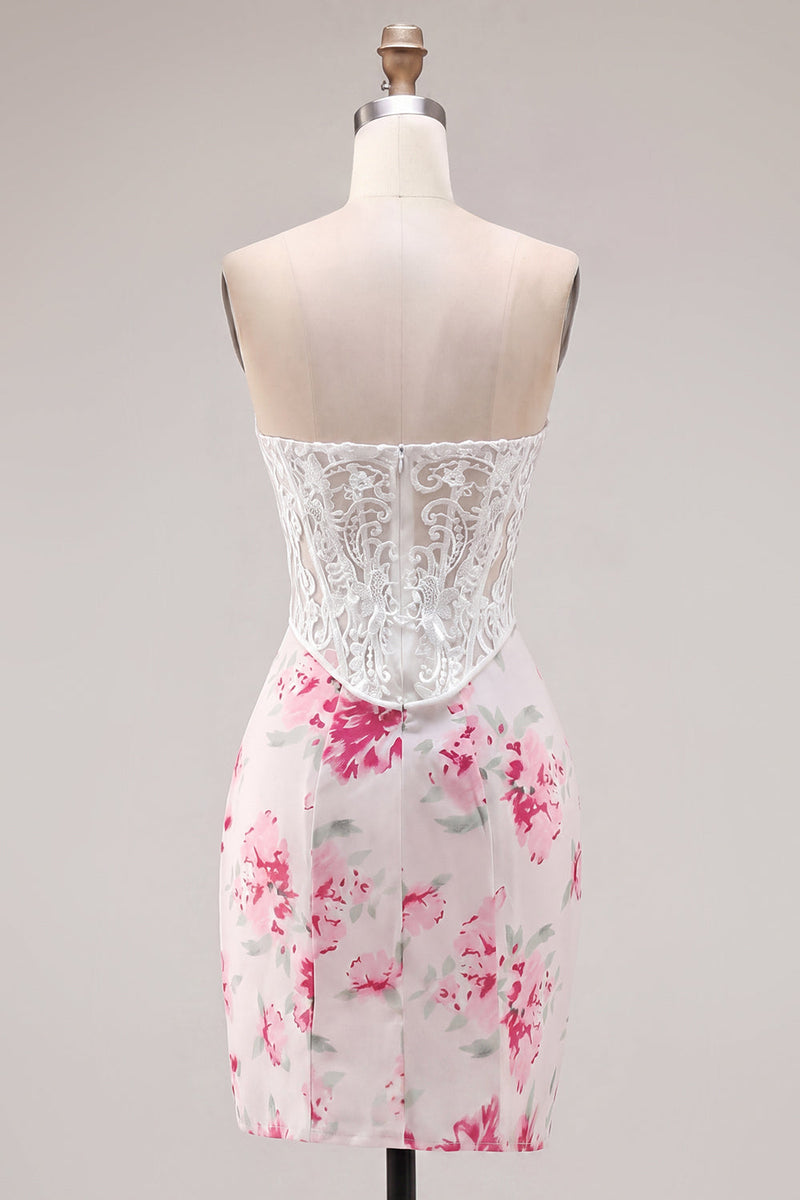 Load image into Gallery viewer, White Fuchsia Flower Tight Sweetheart Short Corset Prom Dress with Lace