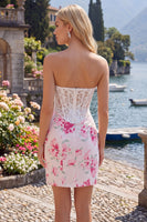Load image into Gallery viewer, White Fuchsia Flower Tight Sweetheart Short Corset Prom Dress with Lace