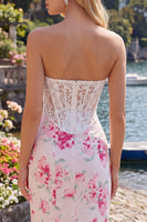 Load image into Gallery viewer, White Fuchsia Flower Tight Sweetheart Short Corset Prom Dress with Lace