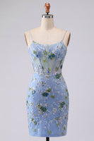 Load image into Gallery viewer, Blue Spaghetti Straps Floral Tight Short Corset Prom Dress
