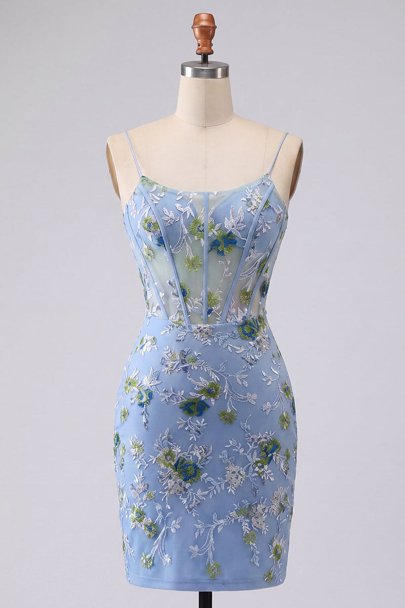 Load image into Gallery viewer, Blue Spaghetti Straps Floral Tight Short Corset Prom Dress