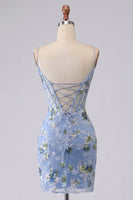 Load image into Gallery viewer, Blue Spaghetti Straps Floral Tight Short Corset Prom Dress